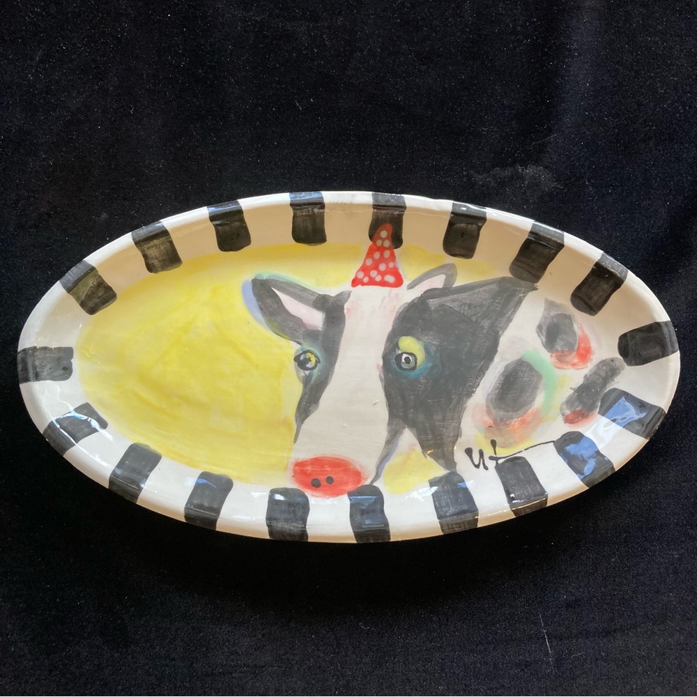Handmade Ceramic Serving Cow In A Hat Design 11x5.5”Original